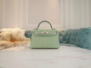 Hand Stitching Hermes Mini Kelly 19CM 6U Vert D’eau Matte Alligator Silver Hardware