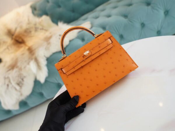 Full Handmade Hermes Mini Kelly19CM I9 Abricot KK Ostrich Leather Gold Hardware
