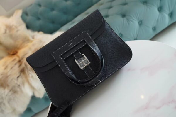 Wholesale Hermes Halzan 31CM CK89 Black / White Stitches Clemence Silver Hardware