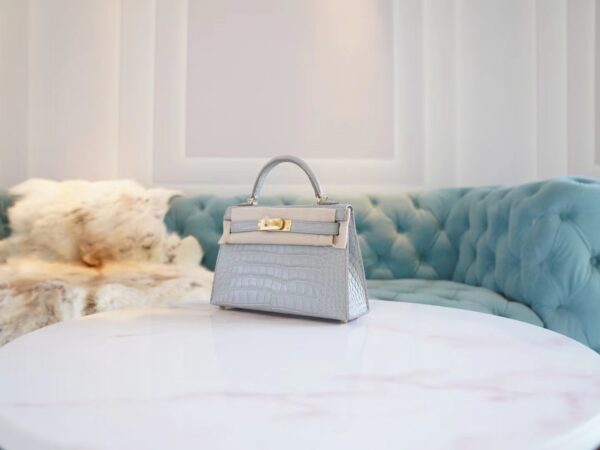 GPCMode Hermes Mini Kelly Two 19CM C80 Pearl Grey Matt Alligator Crocodile Gold Hardware