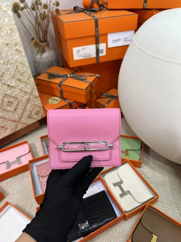 Qatar Doha Hermes Chevre Leather 5P Pink Roulis Slim Wallet Silver Hardware