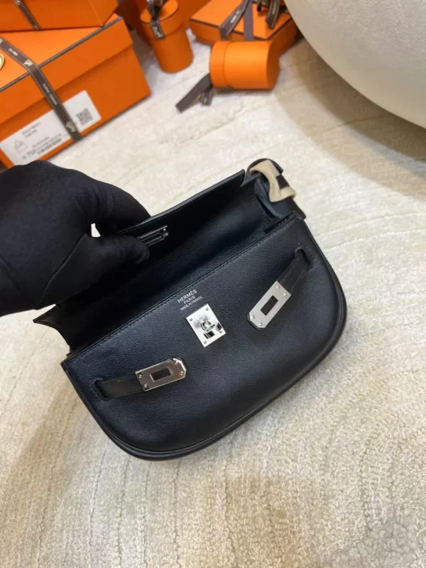 Full Handmade 89 Noir Swift Leather Kelly Moove Waist Bag Silver Hardware