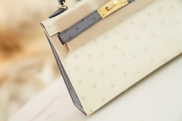 New Hermes Mini Kelly19CM 8L Beton/M8 Gris Asphalt KK Ostrich Skin Gold Hardware