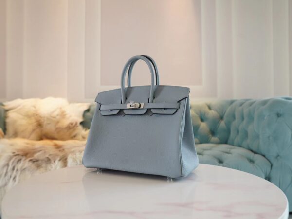 New Hermes Birkin 25CM J7 Blue Lin / D0 Beige De Weimer Togo Silver Hardware