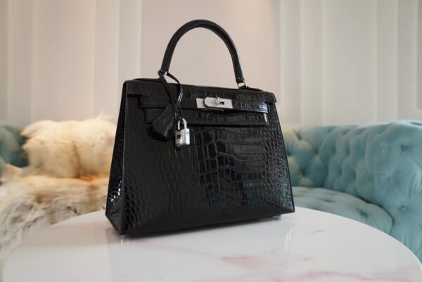 Handmade Hermes Kelly 28CM Shiny Porosus 89 Nior Silver Hardware