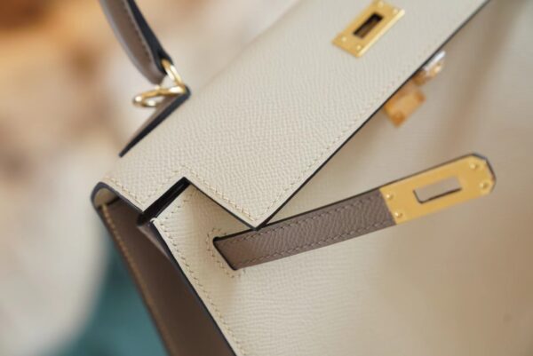 Hand Stitch Hermes Craie/Gris Asphalt Epsom Leather Kelly 25CM Tote Bag Gold Hardware