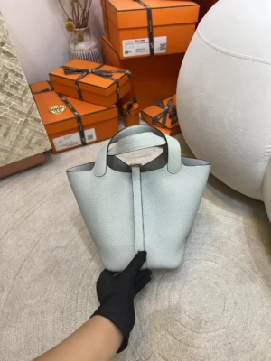 Handmade 0W Gris Neve Clemence Leather Picotin Bag 18CM Silver Hardware