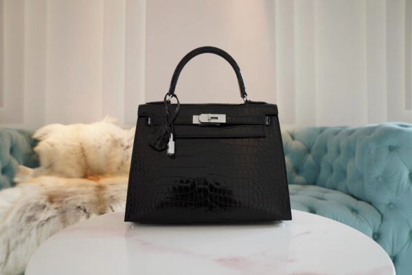 Handmade Hermes Kelly 28CM Shiny Porosus 89 Nior Silver Hardware
