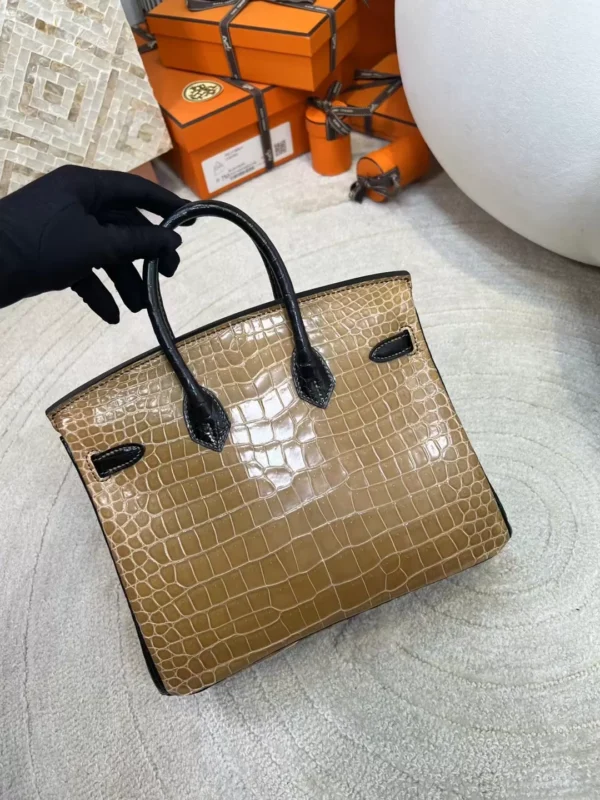 UK London 1i Dust/ 89 Noir Shiny Porosus Crocodile Birkin 25CM Silver Hardware