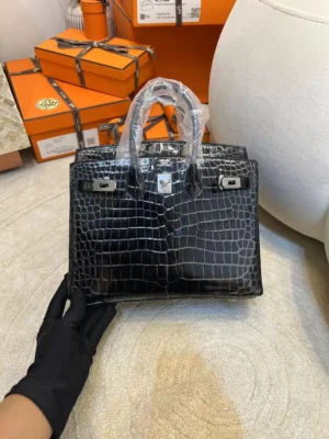 1a84e132f244ff3-jpg Hermes Shiny Porosus Crocodile Birkin 25CM 89 Noir Silver Hardware