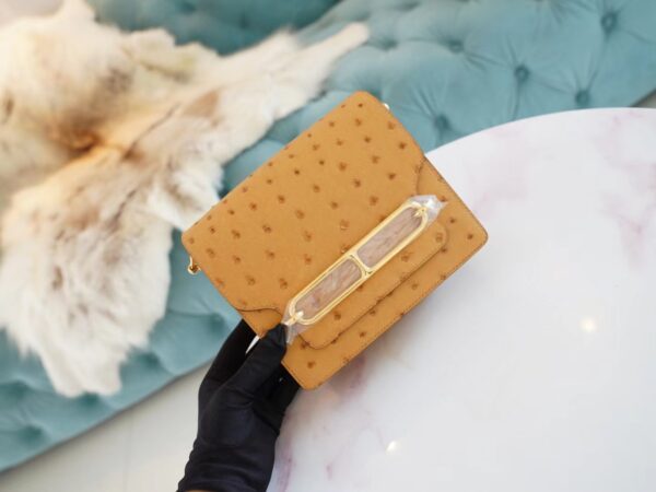 New Hermes Roulis Mini18cm Tabac-Camel South Africa Ostrich Skin Gold Hardware