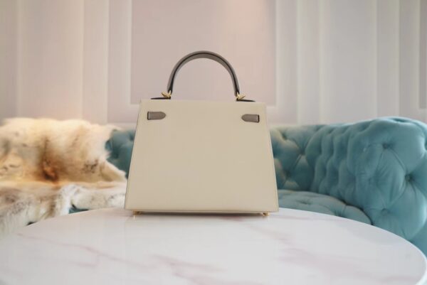 Hand Stitch Hermes Craie/Gris Asphalt Epsom Leather Kelly 25CM Tote Bag Gold Hardware