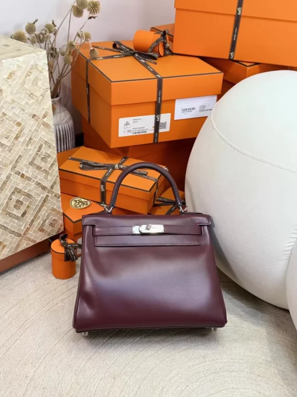 Handmade Box Leather Kelly 28CM Bordeaux Silver Hardware