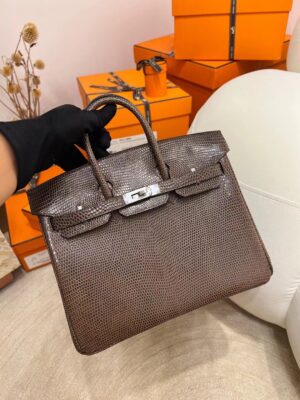 2191c54b22254b7 Full Handmade Hermes Birkin 25CM Lizard Leather Coffee Silver Hardware