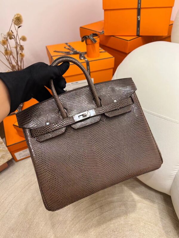 Full Handmade Hermes Birkin 25CM Lizard Leather Coffee Silver Hardware