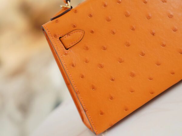 Full Handmade Hermes Mini Kelly19CM I9 Abricot KK Ostrich Leather Gold Hardware