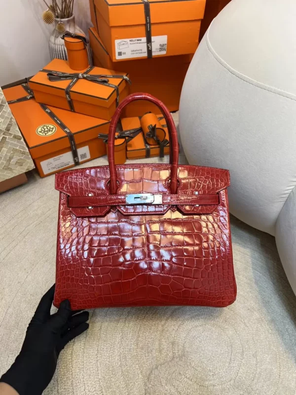 Hermes Shiny Alligator Crocodile Birkin 30CM 95 Braise Silver Hardware