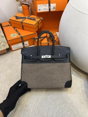 25ec0adb33fcba0-jpg Hermes Boutique Birkin 25CM 89 Noir Toile Canvas/ Swift Leather Silver Hardware