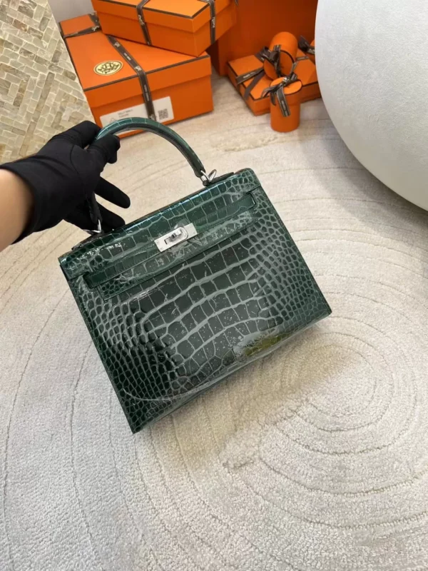 Full Handmade Hermes 67 Vert Fonce Kelly 25CM Sellier Shiny Alligator Crocodile Silver Hardware