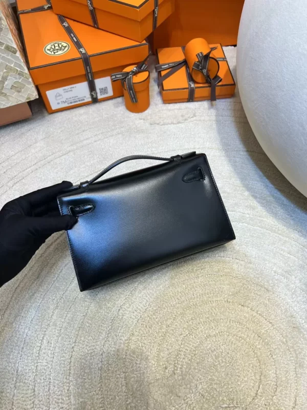 Hermes Box Leather Kelly Pochette 22cm 89 Noir Silver Hardware