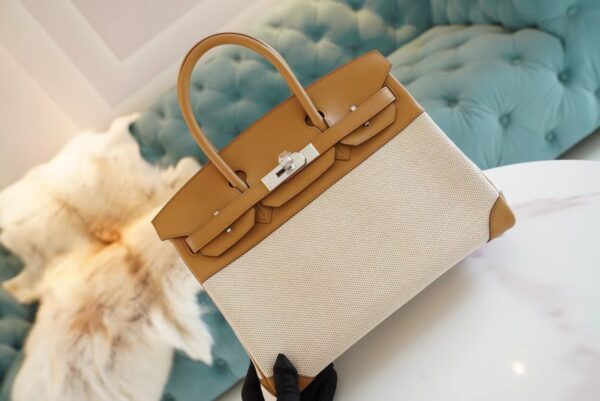 New Arrival Hermes Beige Canvas/2S Sesame Leather Birkin30CM Silver Hardware