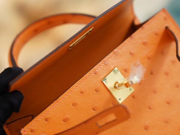 Full Handmade Hermes Mini Kelly19CM I9 Abricot KK Ostrich Leather Gold Hardware