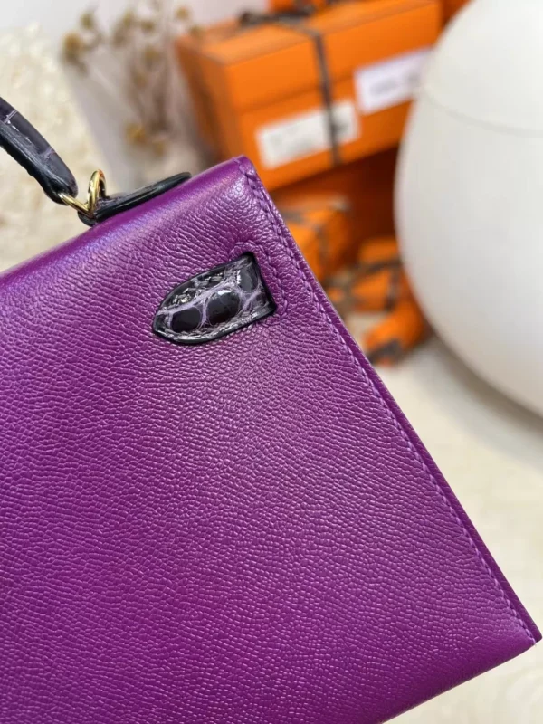 Handmade Madame P9 Anemone / Shiny Crocodile 9G Amethyste Mini Kelly Touch 19CM Gold Hardware