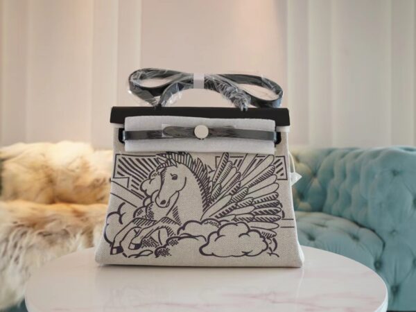 Handmade Hermes CK89 Nior Barenia/ Beige Canvas Herbag 31CM Silver Hardware