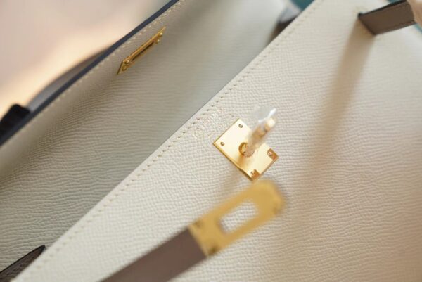 Hand Stitch Hermes Craie/Gris Asphalt Epsom Leather Kelly 25CM Tote Bag Gold Hardware
