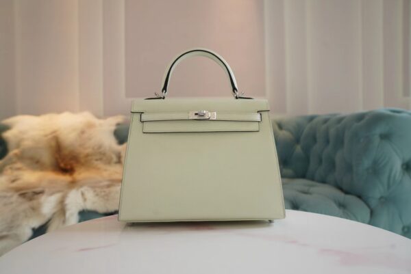 Full Handmade Hermes 0S Vert Fizz Kelly 25CM Epsom Leather Silver Hardware