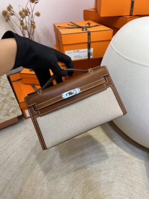 459c18bdfacff9e Hermes Kelly Pochette 22CM Barenia Fauve/ Canvas Beige Silver Hardware