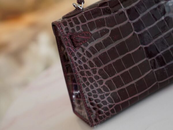 Hermes Mini Kelly 19CM HCP Shiny Alligator 57 Bordeaux Silver Hardware