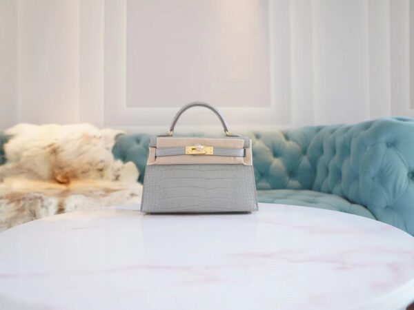 GPCMode Hermes Mini Kelly Two 19CM C80 Pearl Grey Matt Alligator Crocodile Gold Hardware
