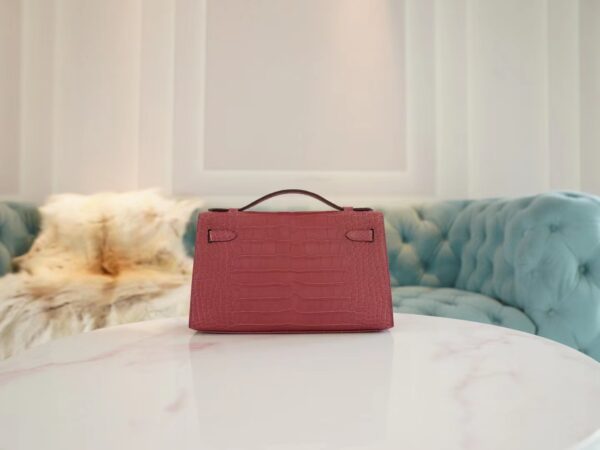 New Hermes Kelly Pochette 22cm HCP Matte Alligator G5 Bois De Rose Silver Hardware