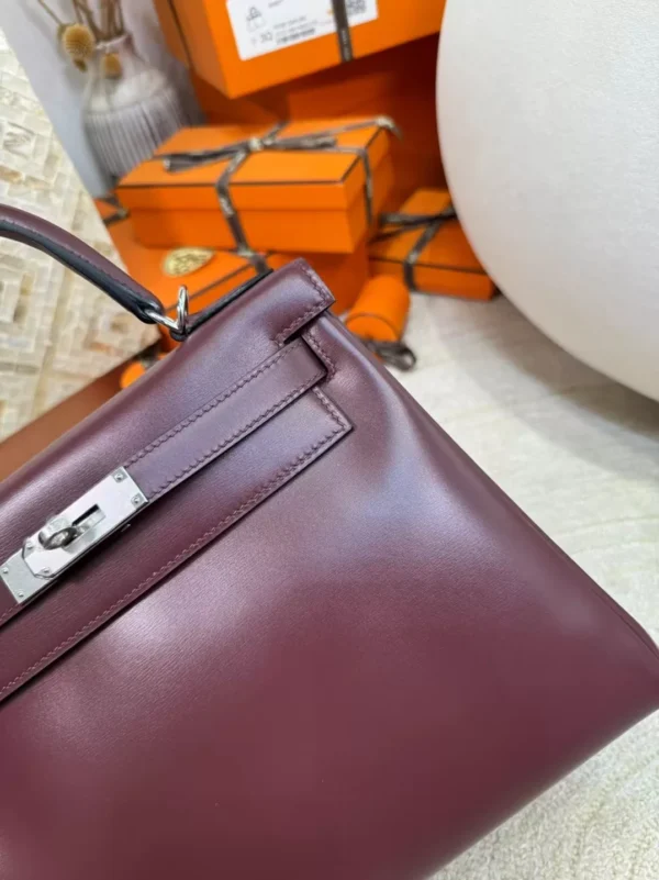 Handmade Box Leather Kelly 28CM Bordeaux Silver Hardware