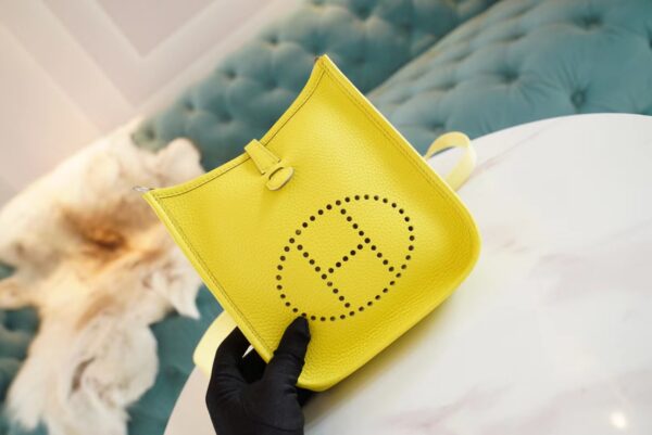 Full Handmade Hermes Mini Evelyne16CM 9R Lemon Yellow Clemence Leather Silver Hardware
