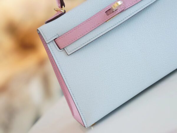 GPCMode Hermes Mini Kelly19CM T0 Blue Brume & X9 Mauve Sylyestre Epsom Leather