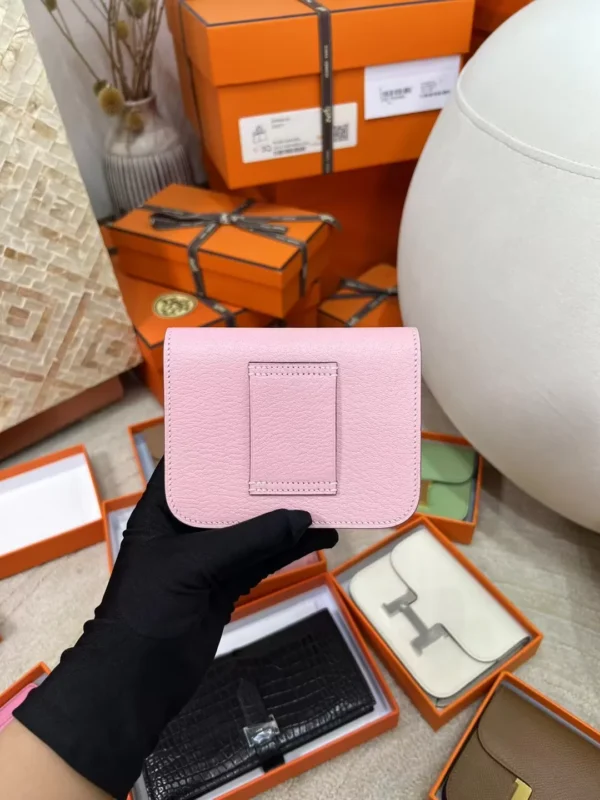 Hermes 3Q Rose Sakura Chevre Leather Constance Slim Card Bag Silver Hardware