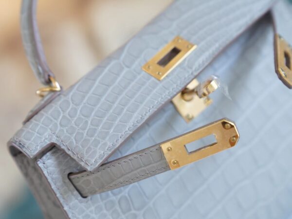 GPCMode Hermes Mini Kelly Two 19CM C80 Pearl Grey Matt Alligator Crocodile Gold Hardware