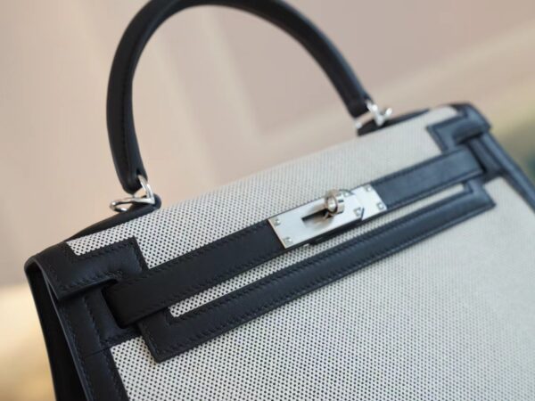 Full Handmade Hermes Canvas/ Swift Kelly Sellier 28CM CK89 Nior Silver Hardware