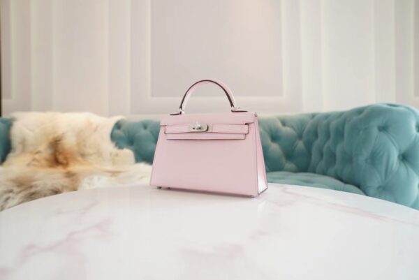 Full Handmade Hermes Mini Kelly19CM 3Q Rose Sakura Chevre Leather Silver Hardware