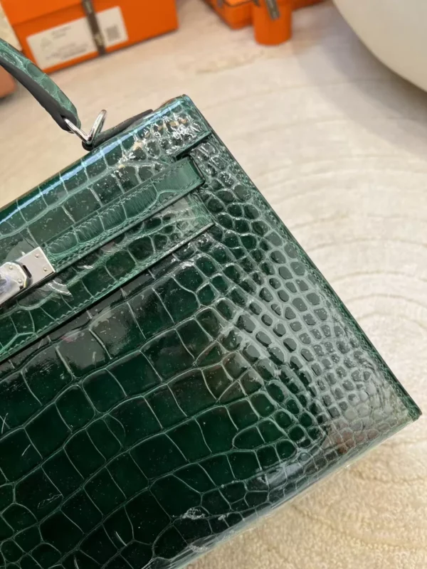 Full Handmade Hermes 67 Vert Fonce Kelly 25CM Sellier Shiny Alligator Crocodile Silver Hardware
