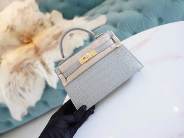 GPCMode Hermes Mini Kelly Two 19CM C80 Pearl Grey Matt Alligator Crocodile Gold Hardware
