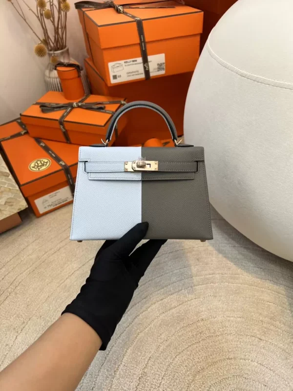 USA Washington Hermes Epsom Mini Kelly 19CM 0L Gris Meyer/ T0 Blue Brume Gold Hardware