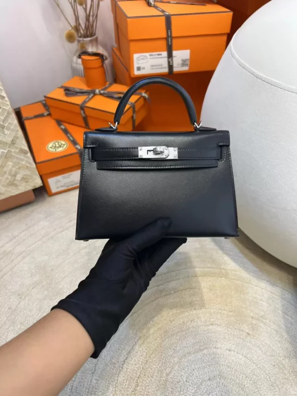 Taiwan Hermes Mini Kelly 19CM 89 Noir Box Leather Silver Hardware
