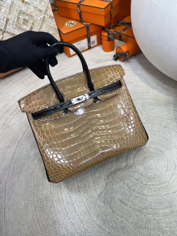 UK London 1i Dust/ 89 Noir Shiny Porosus Crocodile Birkin 25CM Silver Hardware