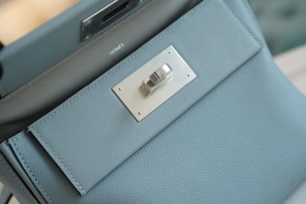 Discount Hermes Mini Kelly 24/24 J7 Blue Lin / Gris Mouette Evercolor Leather Silver Hardware