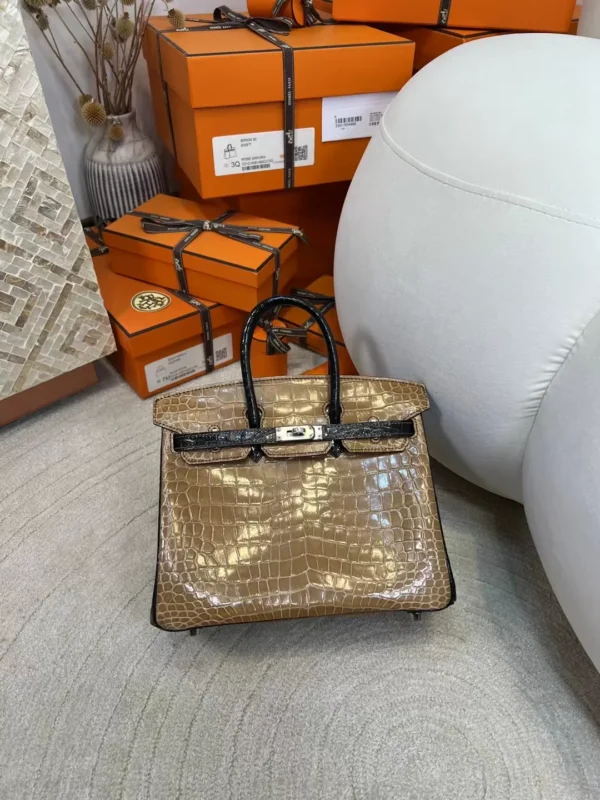 UK London 1i Dust/ 89 Noir Shiny Porosus Crocodile Birkin 25CM Silver Hardware