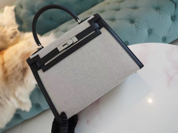 Full Handmade Hermes Canvas/ Swift Kelly Sellier 28CM CK89 Nior Silver Hardware