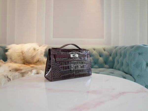 Hermes Kelly Pochette 22CM Shiny Alligator 57 Bordeaux Silver Hardware